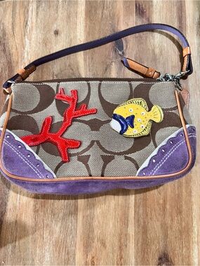Coach Brown Signature Bag with Red Coral, Yellow Fish & Purple Suede Trim 1491